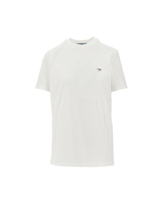 Prada White Distressed-Effect T-Shirt With Triangle Logo