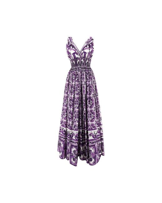 Dolce & Gabbana Purple Majolica Print Poplin Long Dress