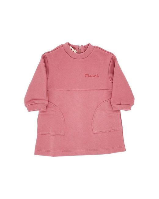 Marni Pink Cotton Mini Dress With Logo Print Kids