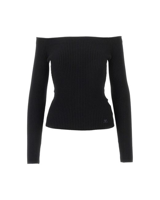 Courreges Black Ribbed Off-The-Shoulder Top
