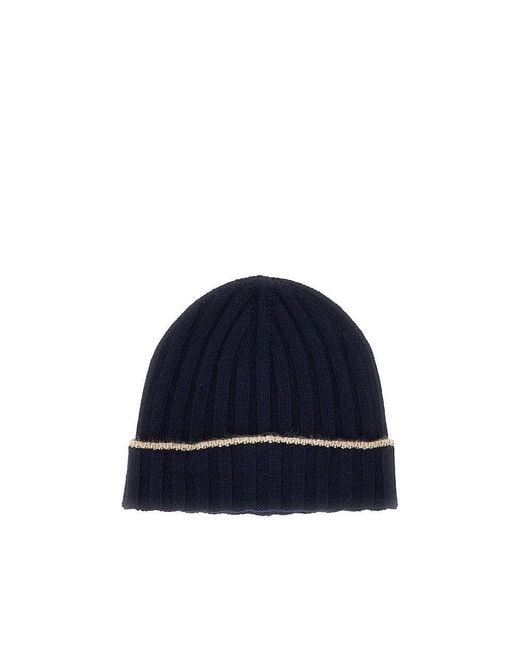 Brunello Cucinelli Blue Ribbed Cashmere Beanie Hat for men