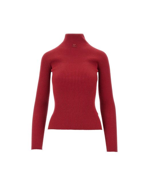 Courreges Red Ribbed Merino Wool Mock-Turtleneck Sweater