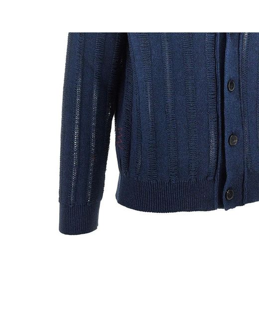 Amaranto Blue Open-Knit Striped Cotton Cardigan for men