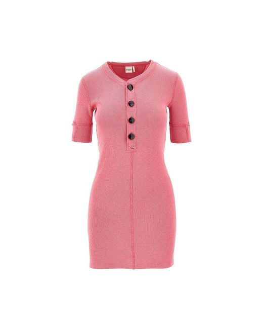 Chloé Pink 'Henley' Ribbed Cotton Mini Dress