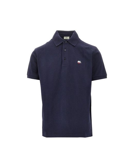 Etro Blue Logo Embroidery Piquet Polo Shirt for men
