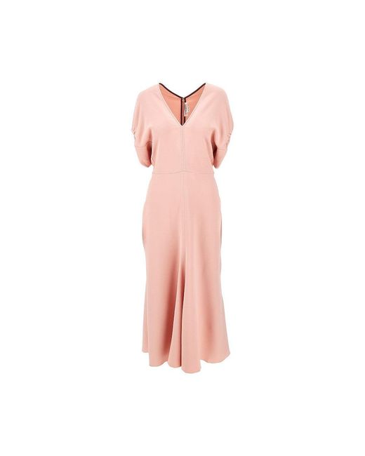 Victoria Beckham Pink Cady Midi Dress With Blouson Sleeves