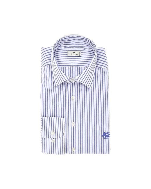 Etro Blue Striped Seersucker Shirt With Pegaso Logo for men