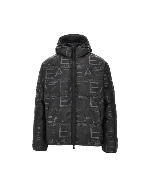 EA7 Black All-Over Logo Print Padded Jacket for men