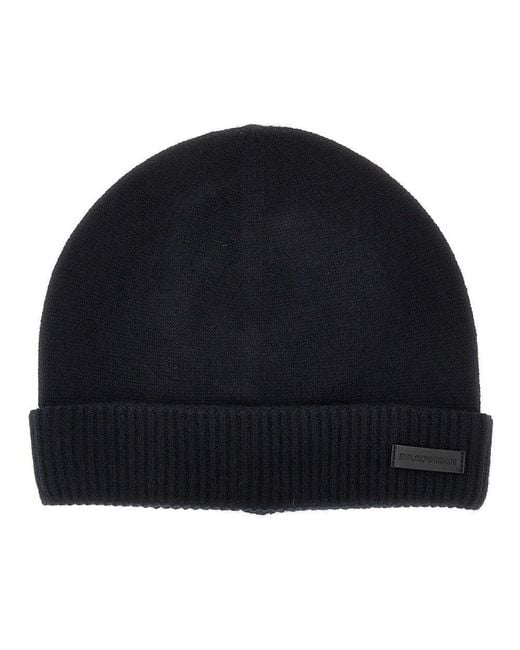 Emporio Armani Black Cashmere Beanie Hat With Leather Logo Patch for men