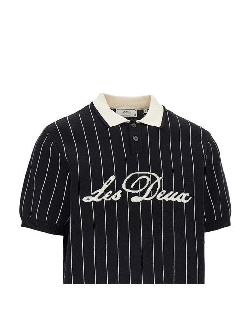 Les Deux Black Knitted Polo Shirt With Striped Motif for men