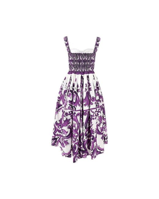 Dolce & Gabbana Purple Majolica Print Poplin Midi Dress