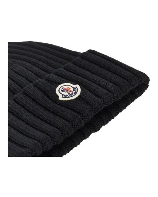 Moncler Black Wool Beanie Hat With Logo Patch
