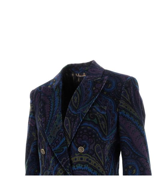 Etro Blue Paisley Print Corduroy Double-Breasted Jacket