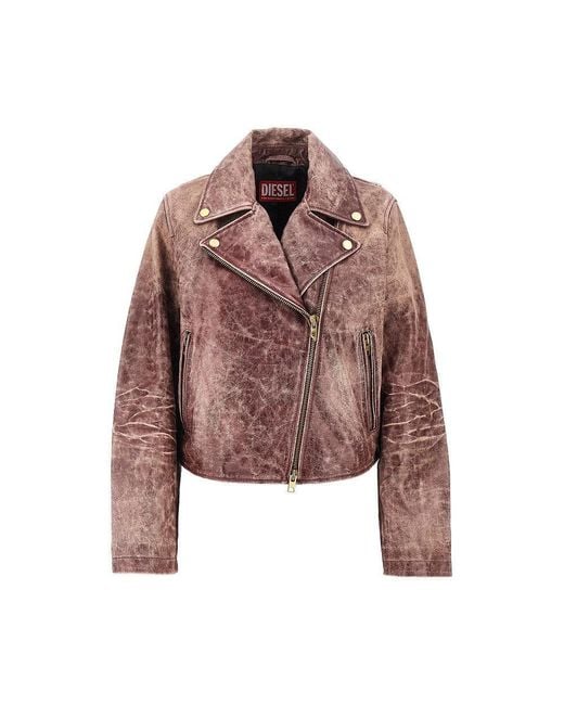 DIESEL Brown Vintage-Effect Leather Biker Jacket