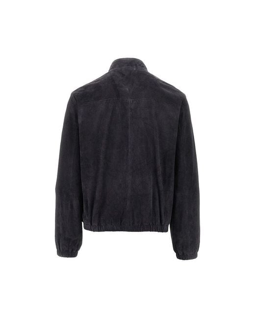 Emporio Armani Blue Leather Jacket With Openworked Motif for men