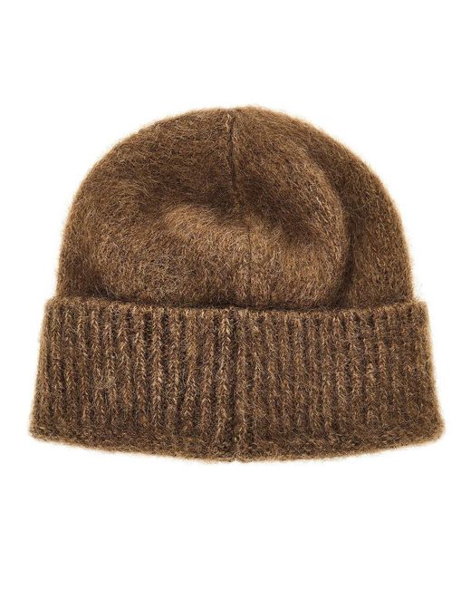 Miu Miu Mohair-Blend Beanie Hat With Jacquard Logo in Brown | Lyst