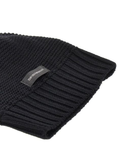 Emporio Armani Black Knitted Beanie Hat With Logo Label