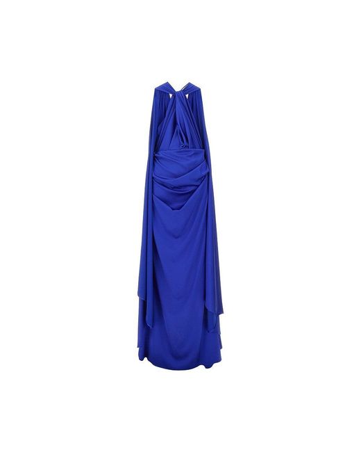 Talbot Runhof Women's Blue Satin Long Dress With Integrated Cape Talbot Runhof Women's Blue Satin Long Dress With Integrated Cape