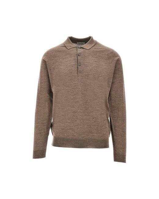 John Smedley Men's Brown 'Belper' Merino Wool Knitted Polo Shirt