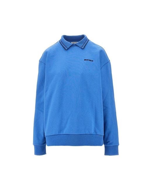 Miu Miu Blue Cotton Sweatshirt With Scalloped Collar