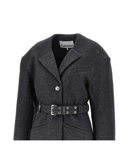 Ganni Black Wool-Blend Jacket With Belt