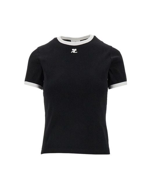 Courreges Black Cotton T-Shirt With Contrasting Trims