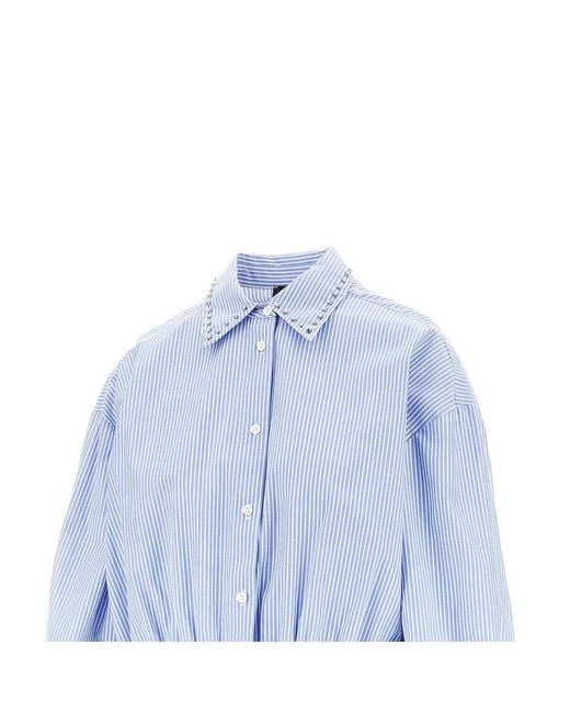 Pinko Blue Striped Cropped Shirt With Studded Collar