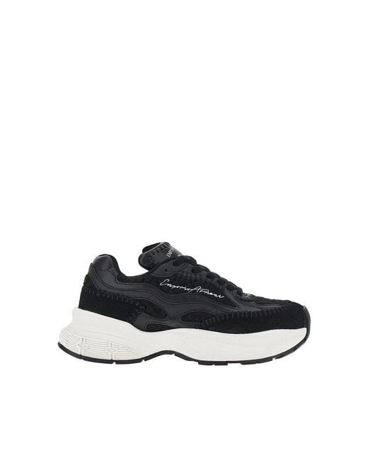 Emporio Armani Blue Knitted Sneakers With Faux Leather Details