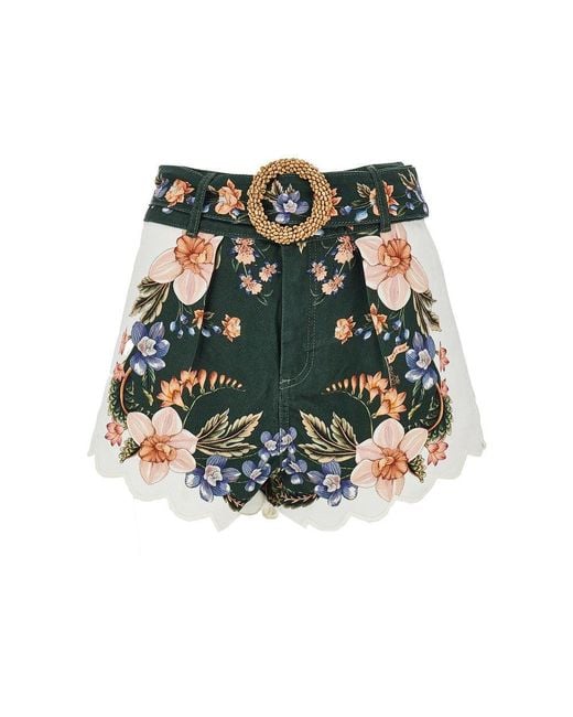 Farm Rio Green Floral Twill Shorts With Belt
