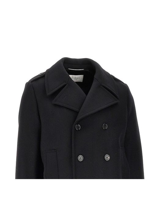 Saint Laurent Black Double-Breasted Wool Peacoat for men