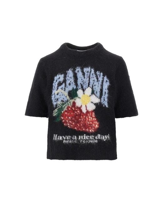Ganni Black Wool-Blend Knitted Top