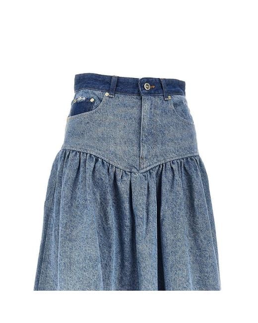 Ganni Blue Cotton Denim Long Skirt