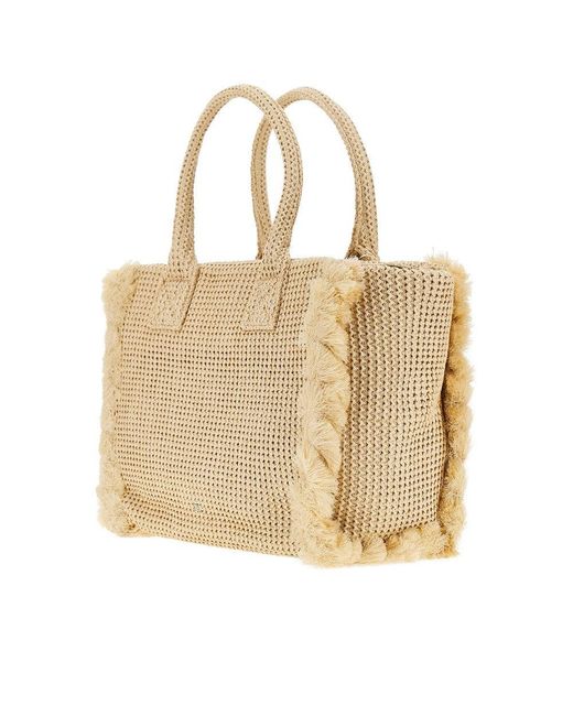 Pinko Natural Faux Raffia Shopping Bag With Logo