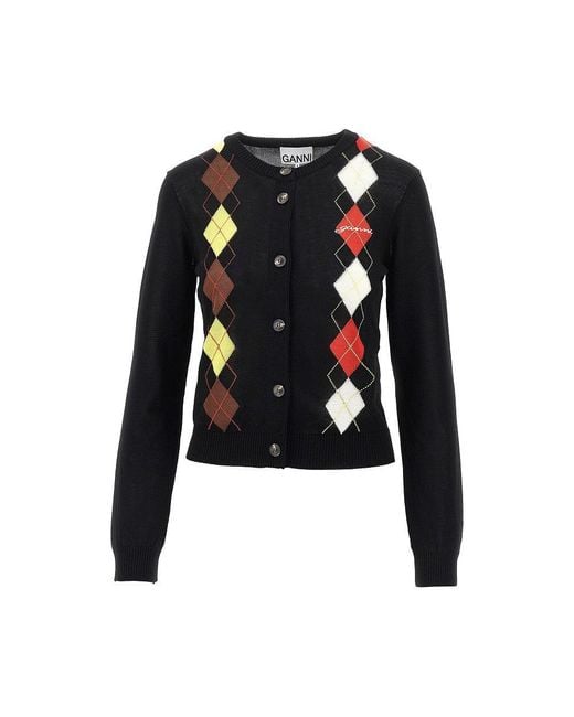 Ganni Black Knitted Cardigan With Diamond Motif