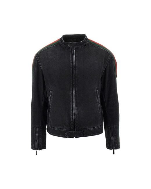 Gucci Black Denim Jacket With Web Ribbon for men