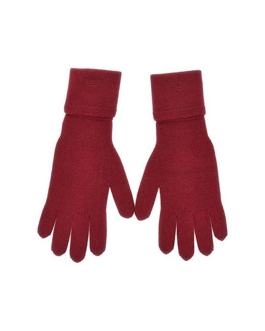 Emporio Armani Red Wool Gloves With Eagle Embroidery