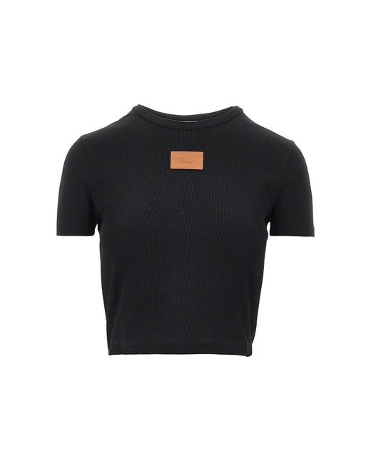 Fendi Black Cropped T-Shirt With Leather Logo Patch