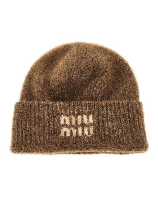 miumiu モヘアビーニー Miu Miu Mohair-Blend Beanie Hat With Jacquard Logo in Brown | Lyst
