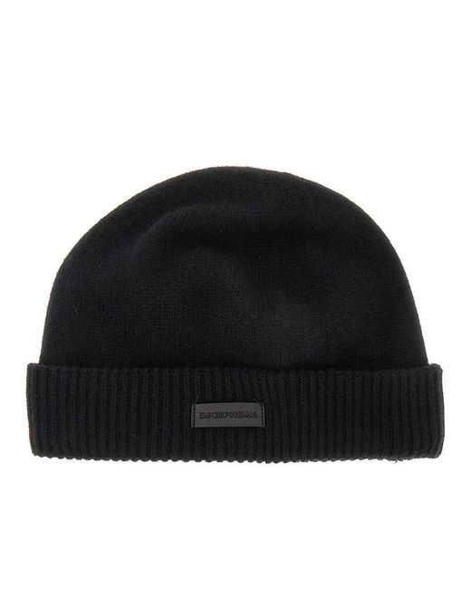 Emporio Armani Black Cashmere Beanie Hat With Leather Logo Patch for men