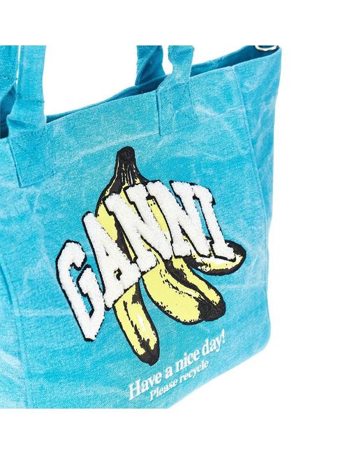 Ganni Blue Shopping Bag With Banana Print