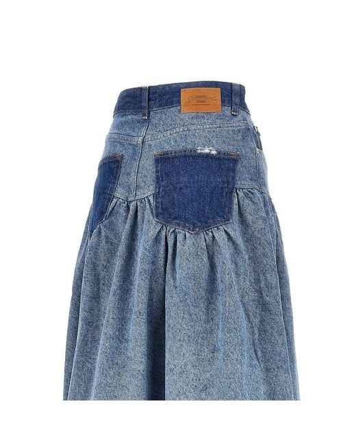 Ganni Blue Cotton Denim Long Skirt