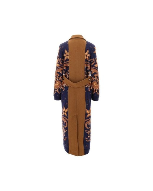 Etro Brown Bi-Material Double-Breasted Long Coat