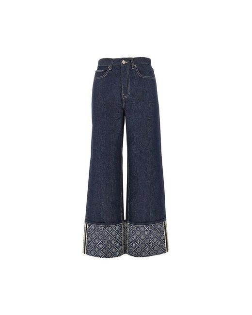 Tory Burch Blue Jacquard Monogram Cuff Jeans