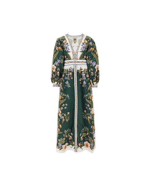 Farm Rio Green Cotton Long Dress With 'Nature' Motif
