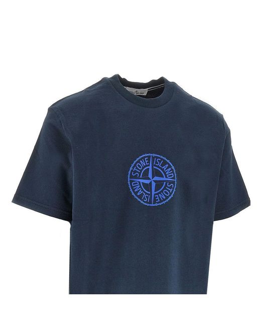 Stone Island Blue Logo Print Organic Cotton T-Shirt for men