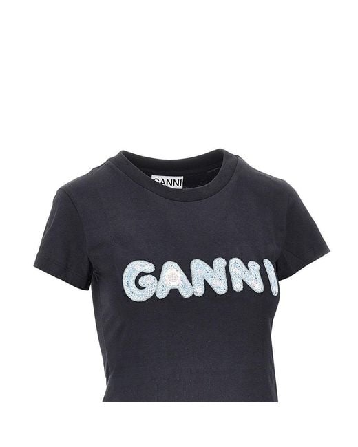 Ganni Black Cotton T-Shirt With Logo Embroidery