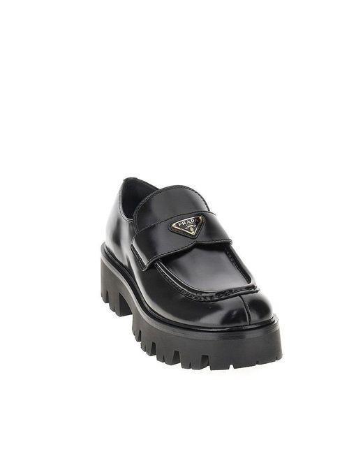Prada Black Leather Loafers With Lug Sole