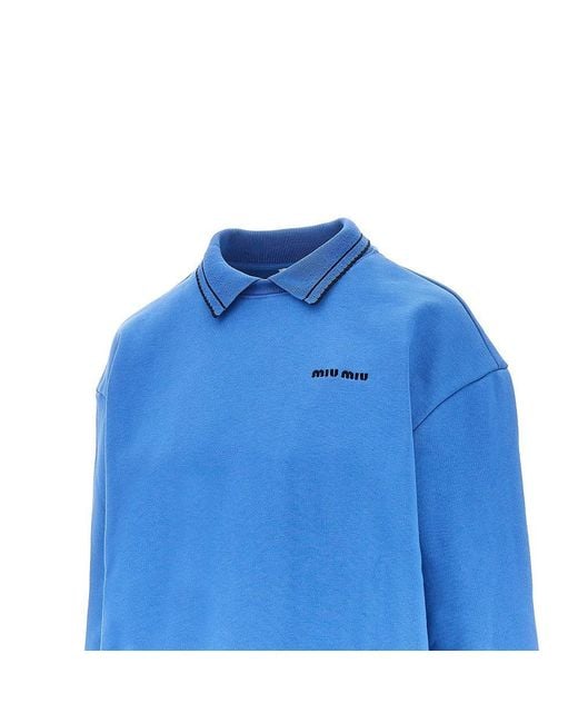 Miu Miu Blue Cotton Sweatshirt With Scalloped Collar