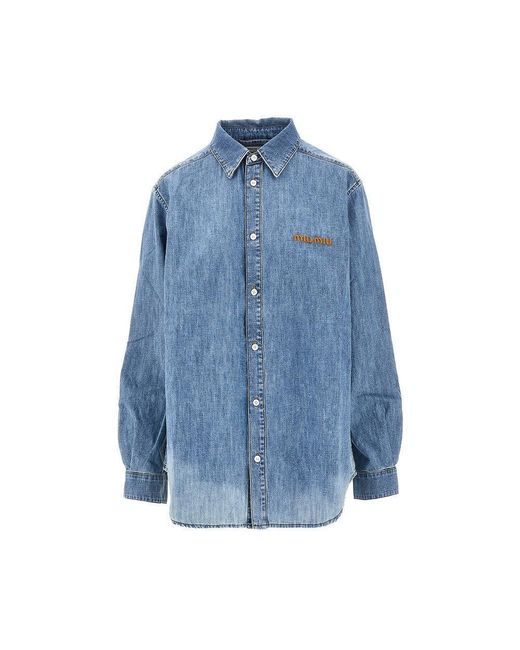 Miu Miu Blue Logo Embroidery Chambray Denim Shirt