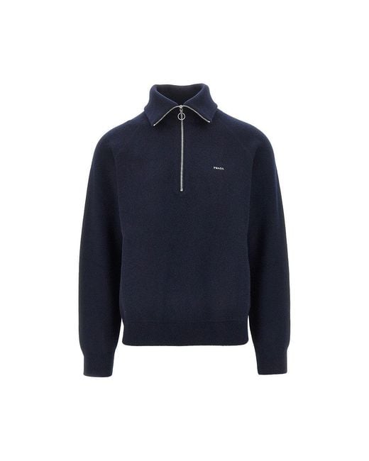 Prada Blue Wool And Cashmere Half-Zip Sweater for men